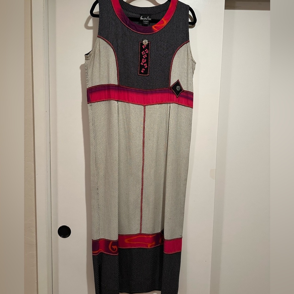 Alexandra Pierce Gray and Pink Maxi Dress with short sleeve jacket.